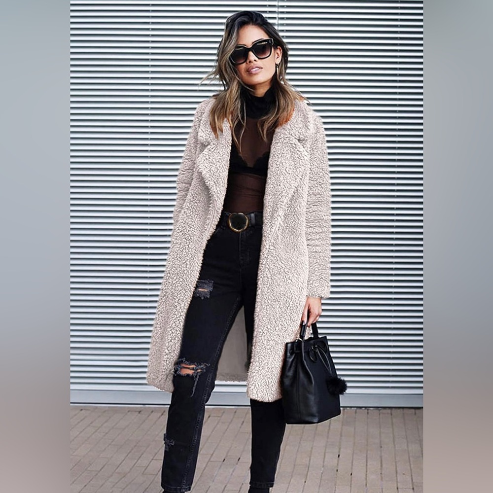 Light Beige Fuzzy Fleece Open Front Long Cardigan… - image 1